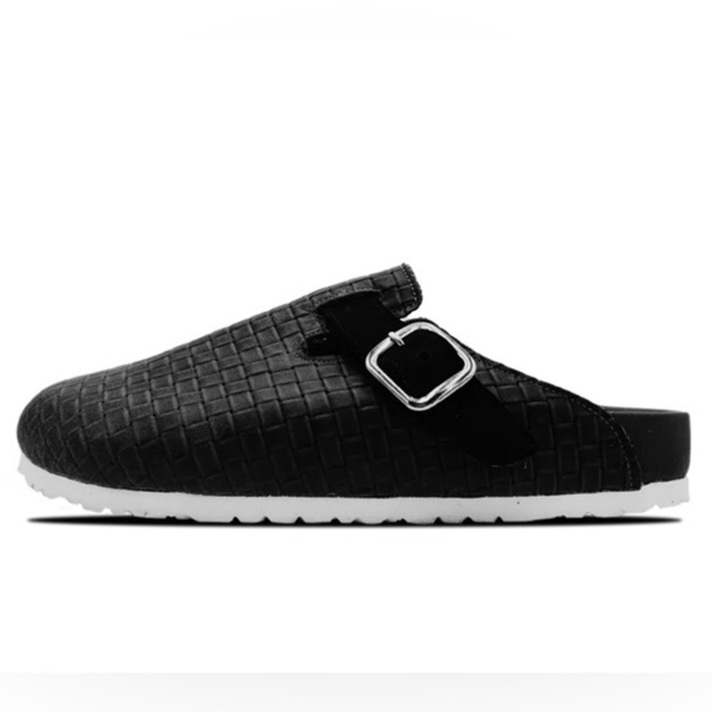 Shoe Surgeon Black Leather Woven Mules (size 9 men, size 10.5 ladies)